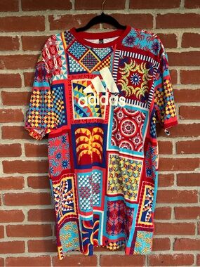 NWOT Adidas x Farm Rio Red Multi-Pattern Graphic T-Shirt Dress